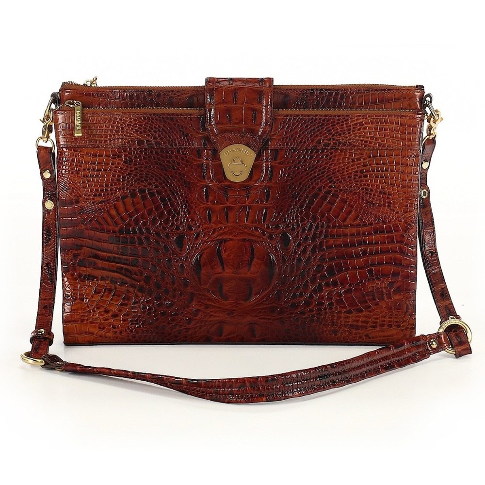 Brahmin Crossbody Bag Womens Brown Croc Embossed Leather Excellent Turnlock Zip